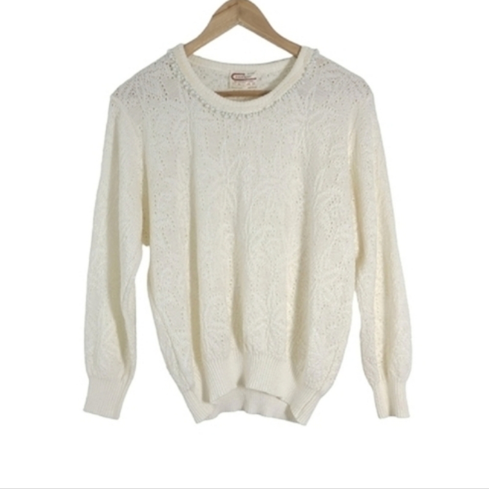 Vintage 80s Excelsior Cream Perforated Pearl Accent Knit Sweater Womens Size L
